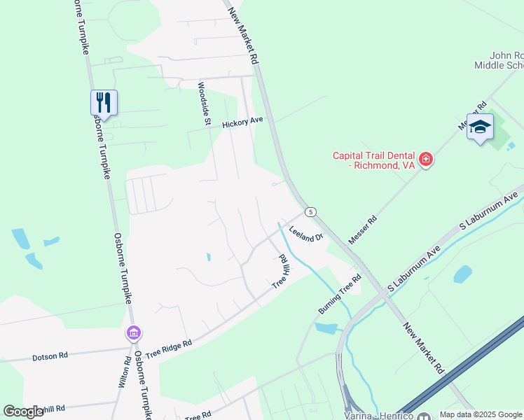 map of restaurants, bars, coffee shops, grocery stores, and more near 1620 Tree Ridge Road in Richmond