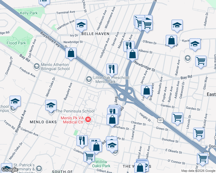 map of restaurants, bars, coffee shops, grocery stores, and more near 811 Bay Road in Menlo Park