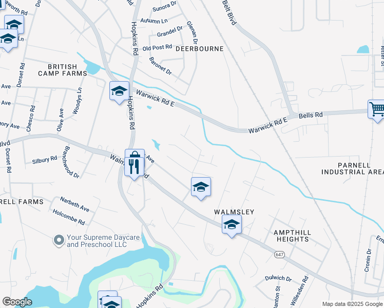 map of restaurants, bars, coffee shops, grocery stores, and more near 3704 Bonmark Drive in Richmond