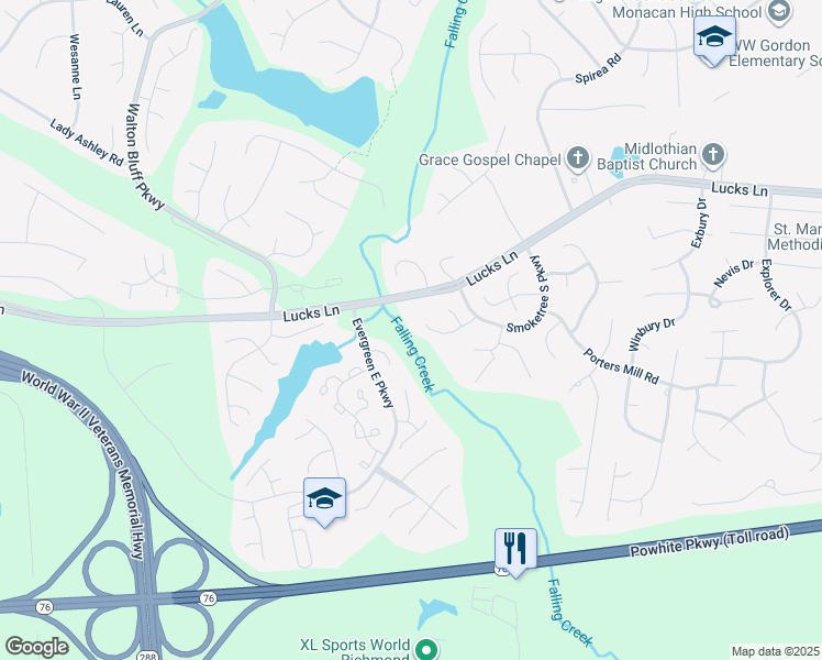 map of restaurants, bars, coffee shops, grocery stores, and more near 12357 Logan Trace Road in Midlothian