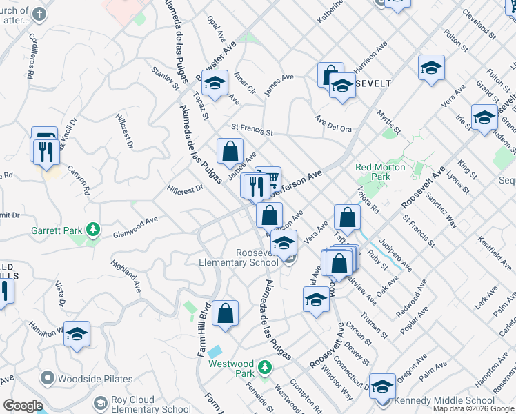 map of restaurants, bars, coffee shops, grocery stores, and more near 3115 Jefferson Avenue in Redwood City