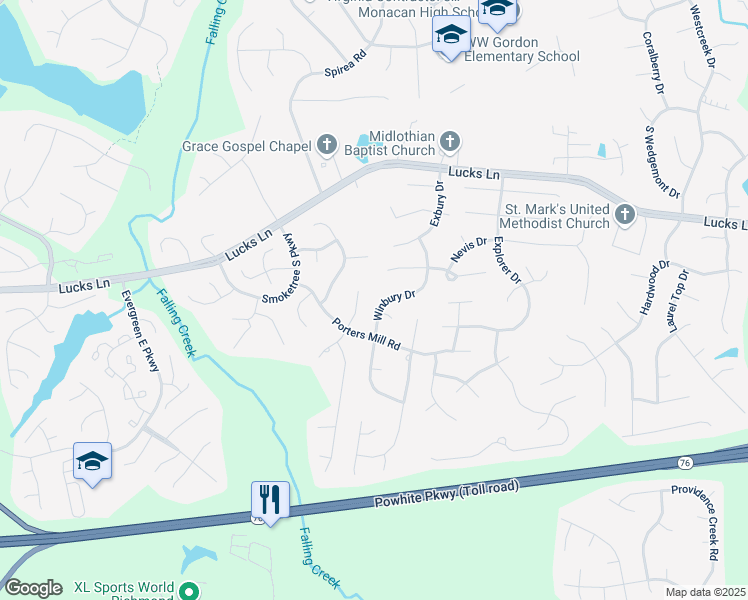 map of restaurants, bars, coffee shops, grocery stores, and more near 1562 Winbury Drive in Midlothian