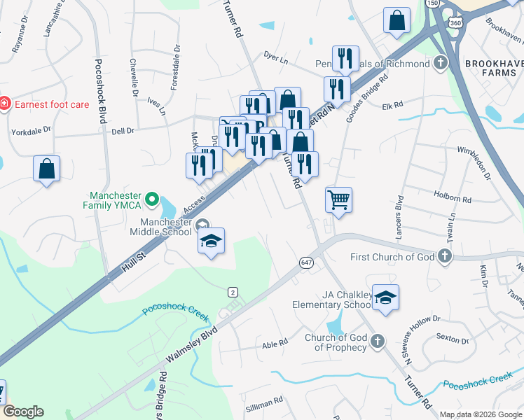 map of restaurants, bars, coffee shops, grocery stores, and more near 2601 Wayside Drive in Richmond