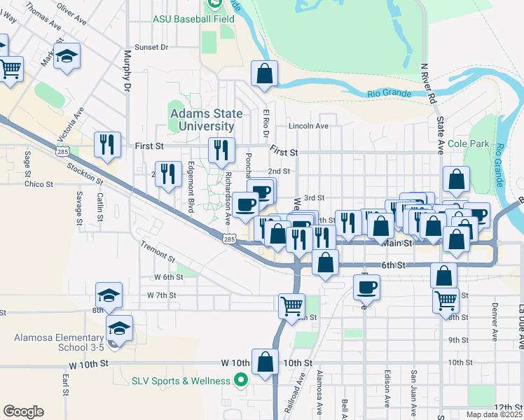 map of restaurants, bars, coffee shops, grocery stores, and more near 1301 Main Street in Alamosa