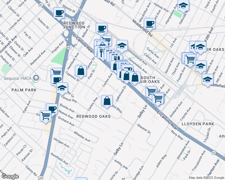 map of restaurants, bars, coffee shops, grocery stores, and more near 690 Leahy Street in Redwood City