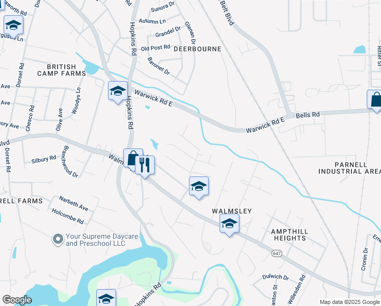 map of restaurants, bars, coffee shops, grocery stores, and more near 3704 Bonmark Drive in Richmond