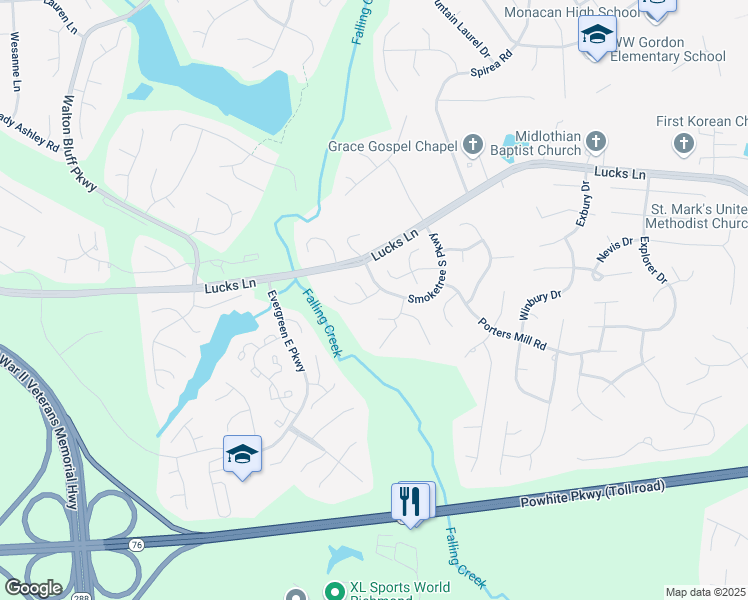 map of restaurants, bars, coffee shops, grocery stores, and more near 12307 Logan Trace Road in Midlothian
