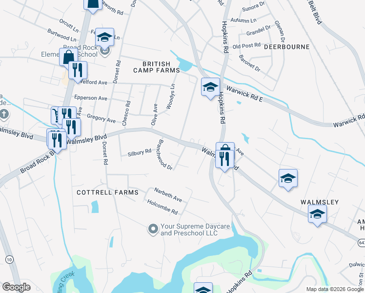 map of restaurants, bars, coffee shops, grocery stores, and more near 4075 Walmsley Boulevard in Richmond