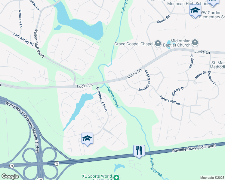 map of restaurants, bars, coffee shops, grocery stores, and more near 12357 Logan Trace Road in Midlothian