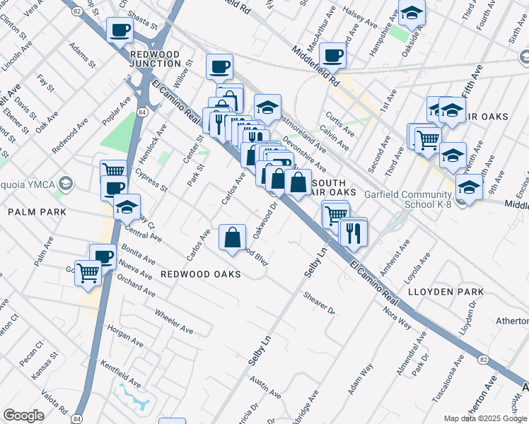 map of restaurants, bars, coffee shops, grocery stores, and more near 2800 El Camino Real in Redwood City