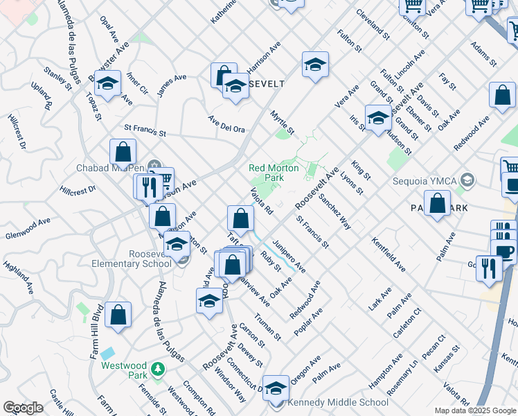 map of restaurants, bars, coffee shops, grocery stores, and more near 967 Valota Road in Redwood City