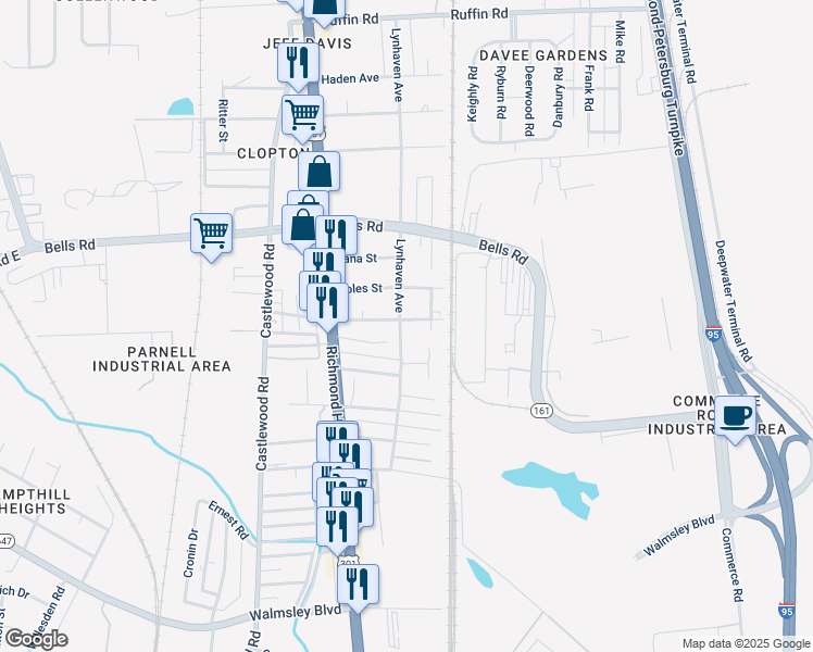 map of restaurants, bars, coffee shops, grocery stores, and more near 2410 Courtland Street in Richmond