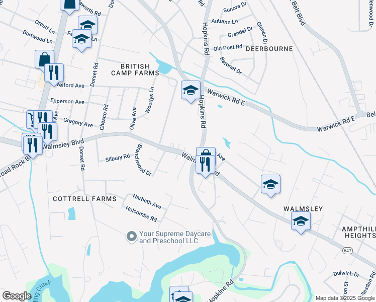 map of restaurants, bars, coffee shops, grocery stores, and more near 4012 Walmsley Boulevard in Richmond