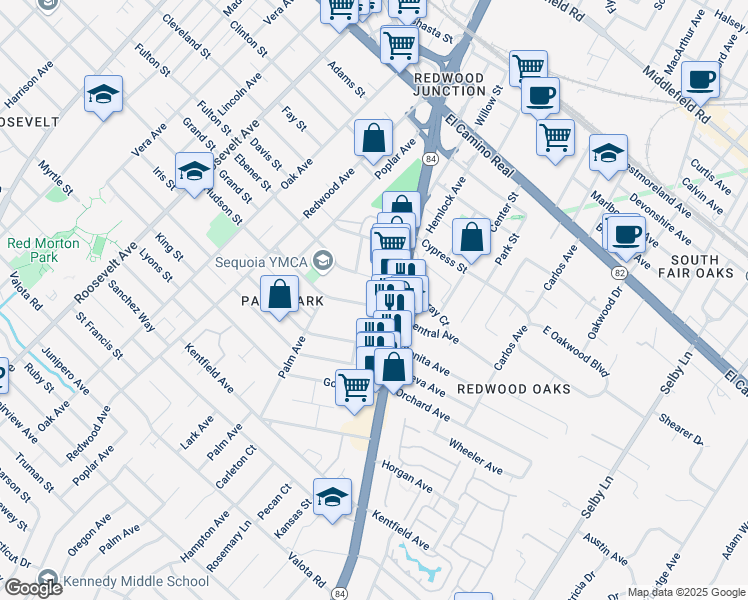 map of restaurants, bars, coffee shops, grocery stores, and more near 1567 Hudson Street in Redwood City