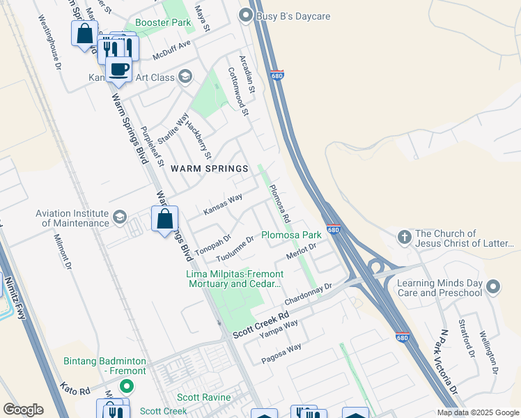 map of restaurants, bars, coffee shops, grocery stores, and more near 455 Tonopah Drive in Fremont