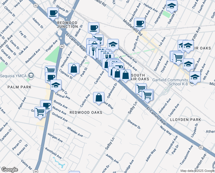 map of restaurants, bars, coffee shops, grocery stores, and more near 707 Leahy Street in Redwood City