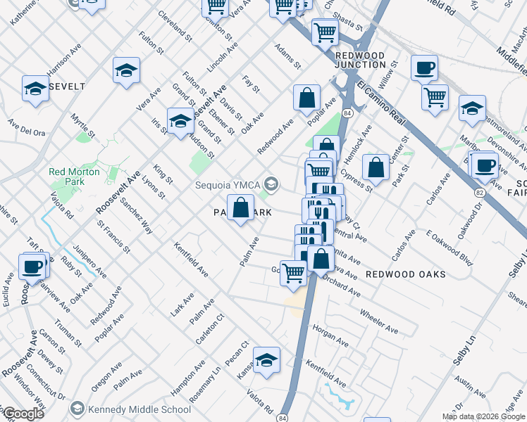 map of restaurants, bars, coffee shops, grocery stores, and more near 1458 Hudson Street in Redwood City