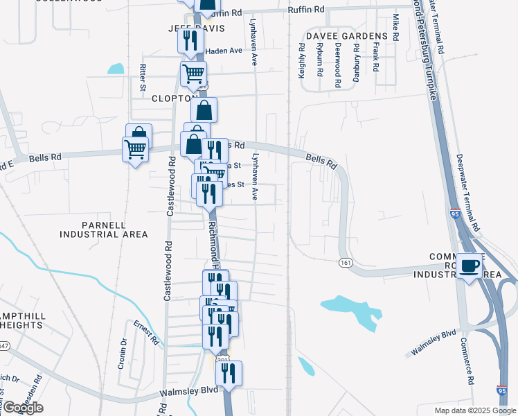 map of restaurants, bars, coffee shops, grocery stores, and more near 2410 Courtland Street in Richmond