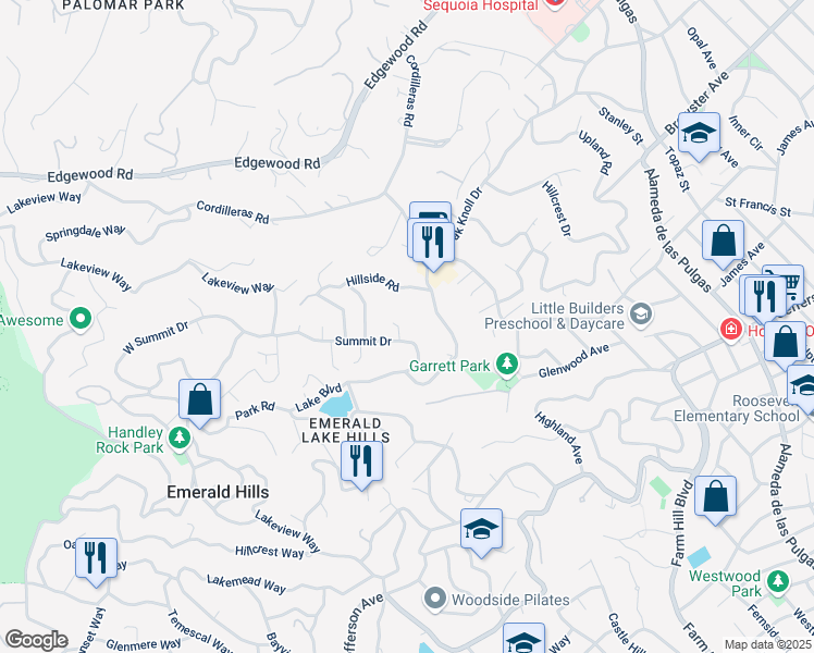 map of restaurants, bars, coffee shops, grocery stores, and more near 20 Danford Court in Redwood City