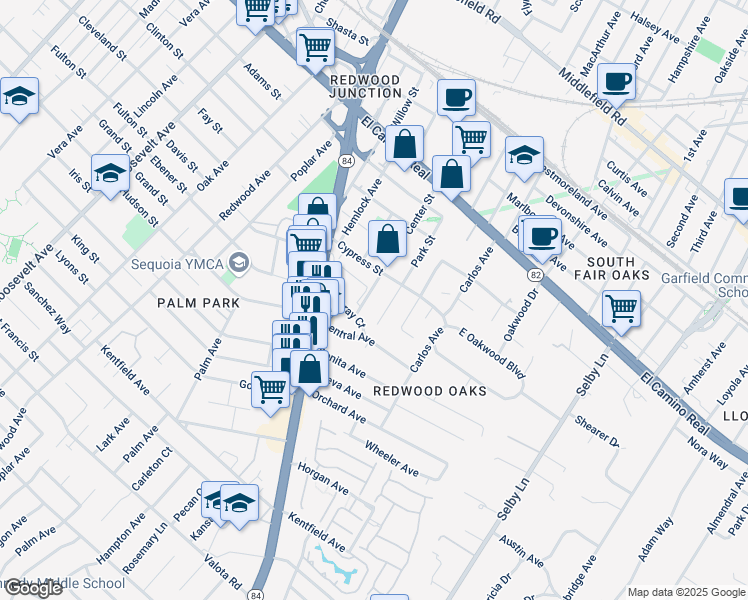 map of restaurants, bars, coffee shops, grocery stores, and more near 451 Center Street in Redwood City