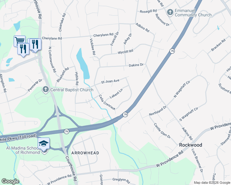 map of restaurants, bars, coffee shops, grocery stores, and more near 10136 Lakent Lane in Richmond