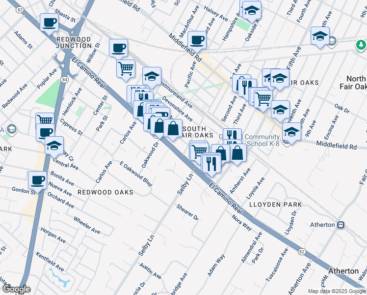 map of restaurants, bars, coffee shops, grocery stores, and more near 31 Berkshire Avenue in Redwood City
