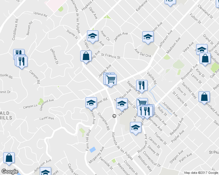 map of restaurants, bars, coffee shops, grocery stores, and more near 3121 Jefferson Avenue in Redwood City