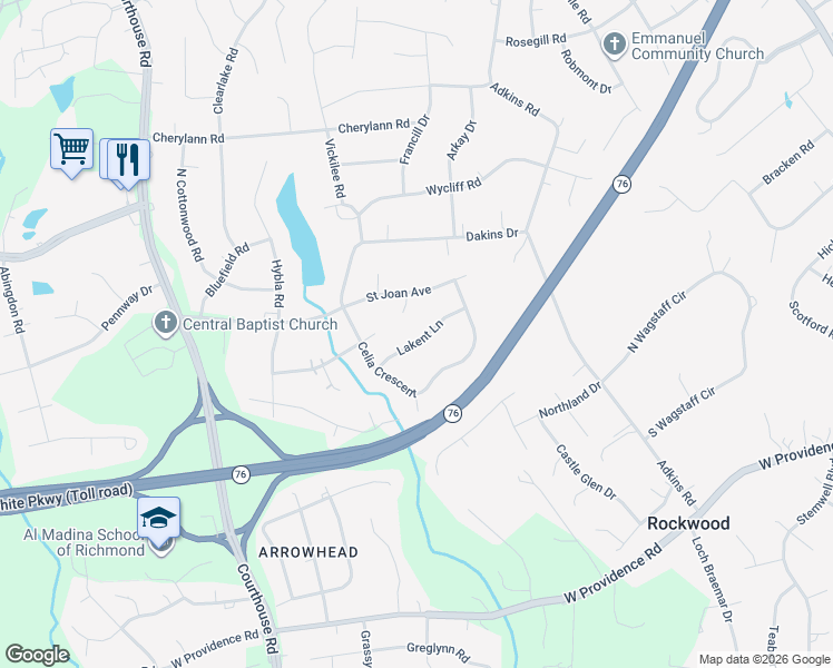 map of restaurants, bars, coffee shops, grocery stores, and more near 10136 Lakent Lane in Richmond