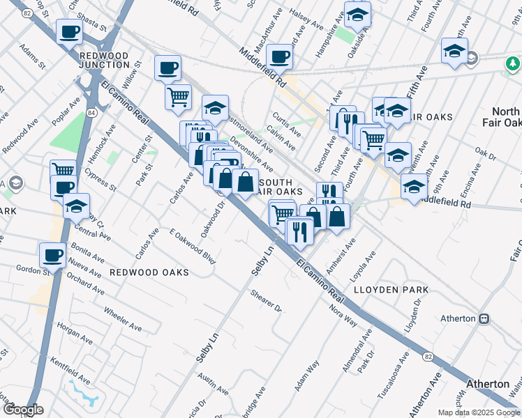 map of restaurants, bars, coffee shops, grocery stores, and more near 31 Berkshire Avenue in Redwood City