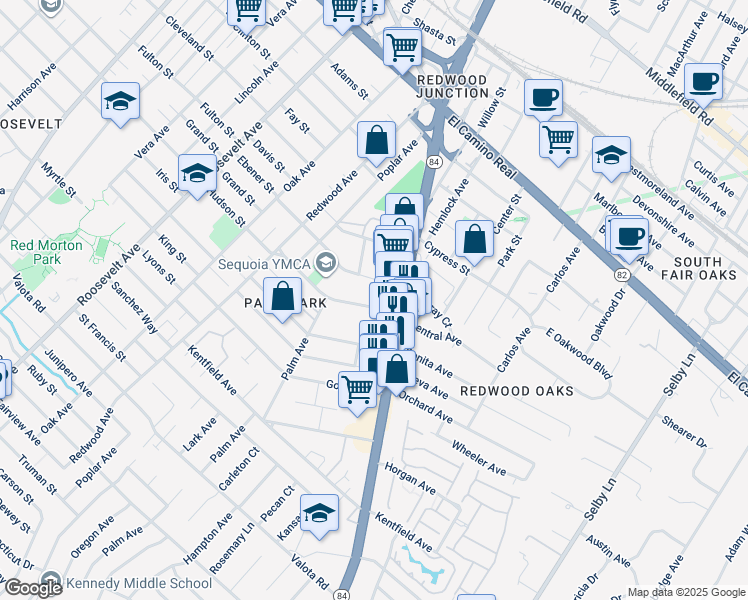 map of restaurants, bars, coffee shops, grocery stores, and more near 1567 Hudson Street in Redwood City
