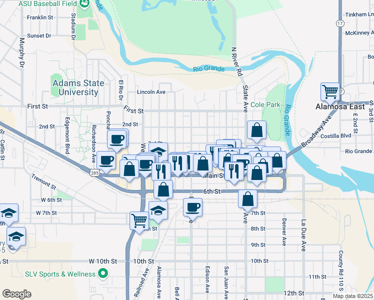 map of restaurants, bars, coffee shops, grocery stores, and more near 311 Ross Avenue in Alamosa