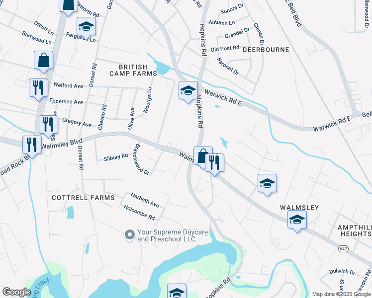 map of restaurants, bars, coffee shops, grocery stores, and more near 4012 Walmsley Boulevard in Richmond