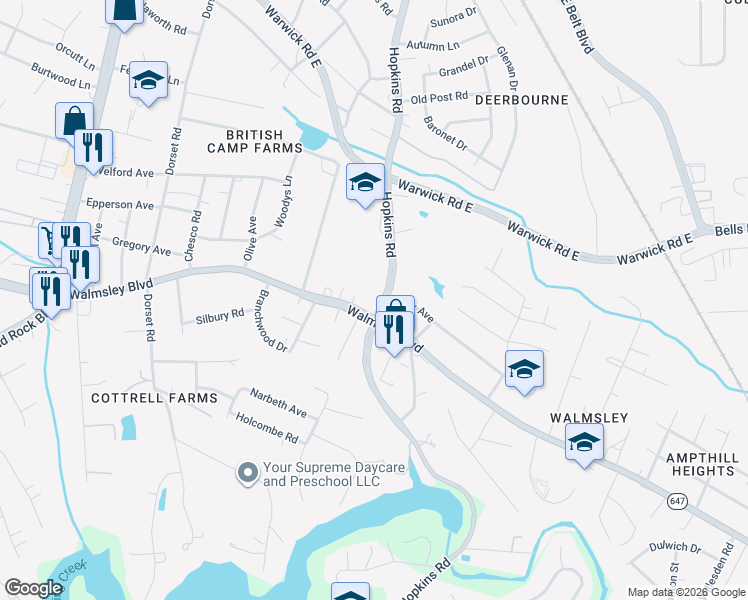 map of restaurants, bars, coffee shops, grocery stores, and more near 3600 Hopkins Road in Richmond