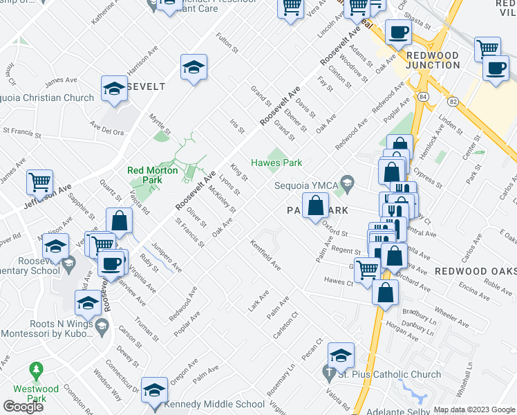 map of restaurants, bars, coffee shops, grocery stores, and more near 1220 Gordon Street in Redwood City