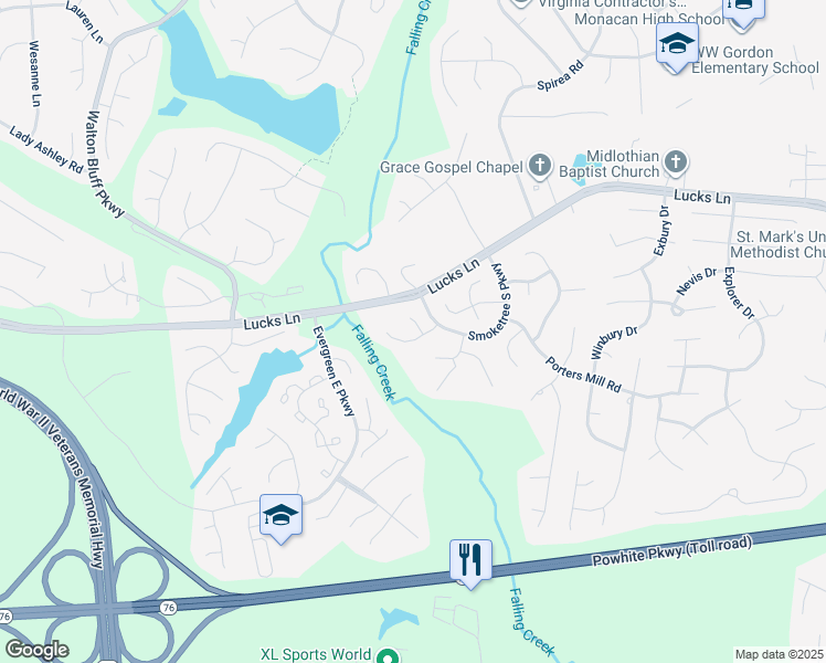 map of restaurants, bars, coffee shops, grocery stores, and more near 12320 Logan Trace Road in Midlothian