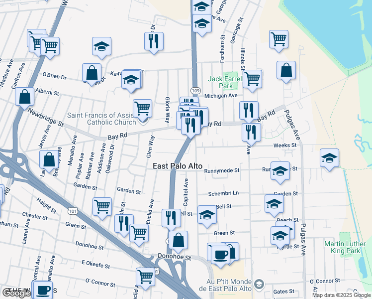 map of restaurants, bars, coffee shops, grocery stores, and more near 2364 University Avenue in Palo Alto