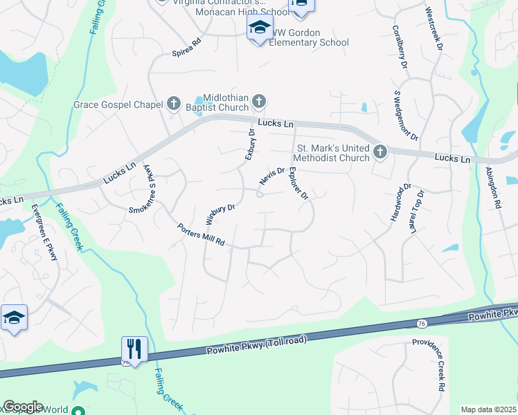 map of restaurants, bars, coffee shops, grocery stores, and more near 11800 Marigold Court in Midlothian
