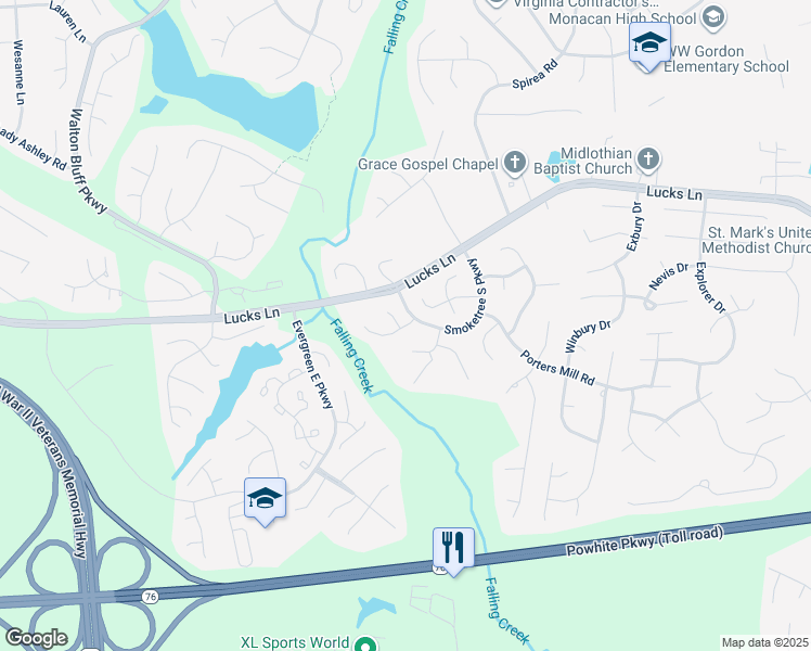 map of restaurants, bars, coffee shops, grocery stores, and more near 12320 Logan Trace Road in Midlothian