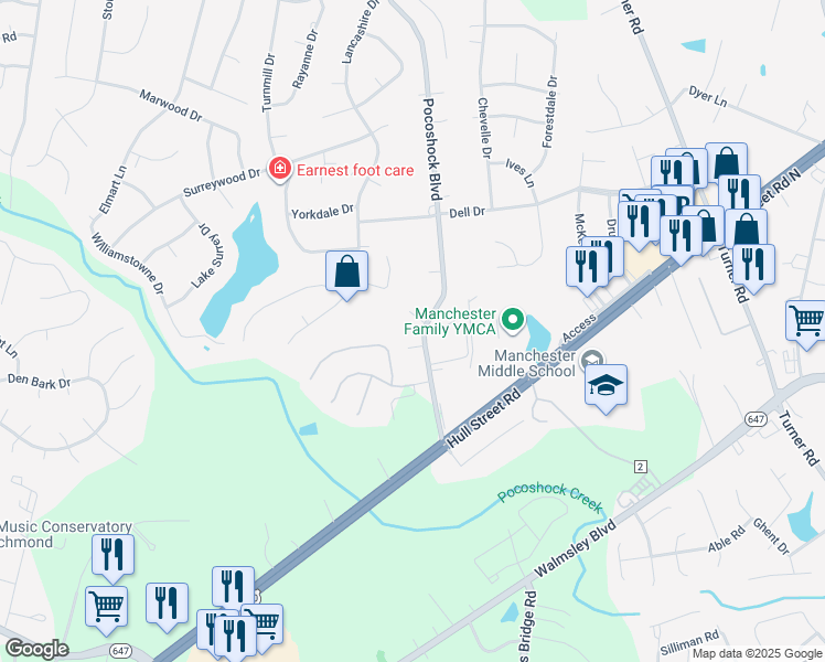 map of restaurants, bars, coffee shops, grocery stores, and more near 2450 Pocoshock Boulevard in Richmond
