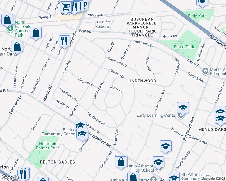 map of restaurants, bars, coffee shops, grocery stores, and more near 69 Flood Circle in Atherton