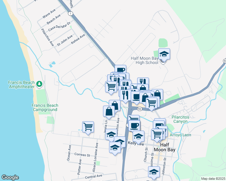 map of restaurants, bars, coffee shops, grocery stores, and more near 80 Cabrillo Highway in Half Moon Bay