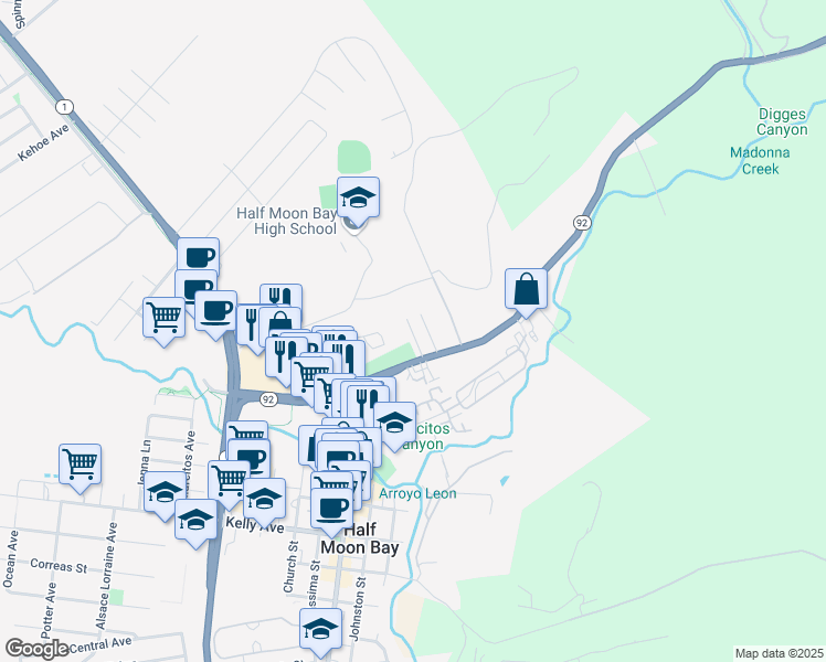 map of restaurants, bars, coffee shops, grocery stores, and more near 250 San Mateo Road in Half Moon Bay