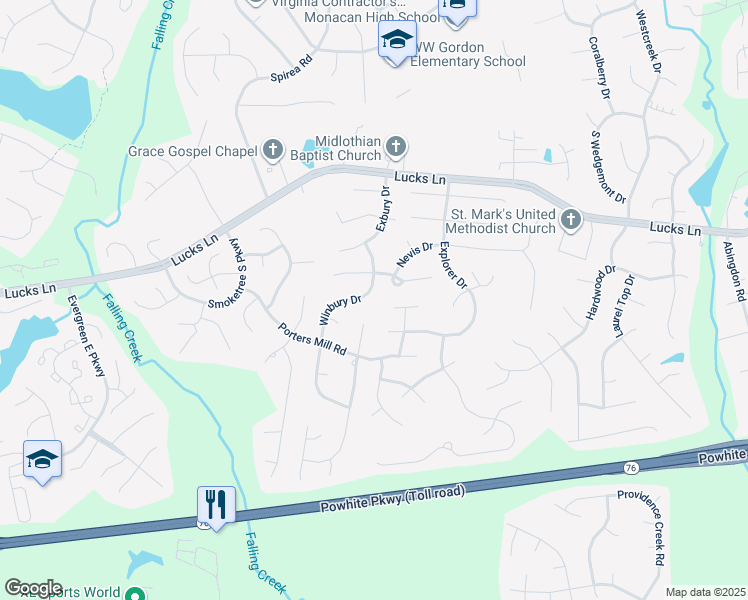 map of restaurants, bars, coffee shops, grocery stores, and more near 1519 Winbury Drive in Midlothian