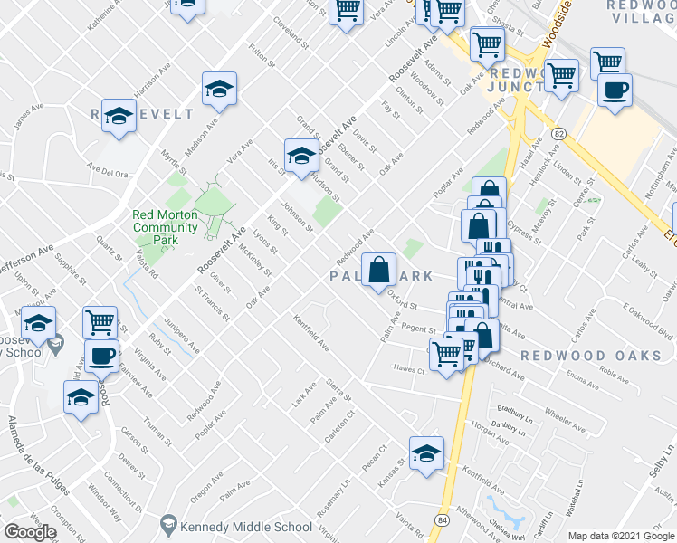 map of restaurants, bars, coffee shops, grocery stores, and more near 1306 Regent Street in Redwood City