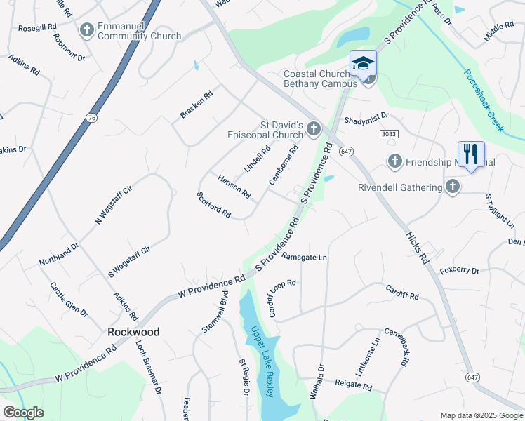 map of restaurants, bars, coffee shops, grocery stores, and more near 2101 Camborne Road in Rockwood
