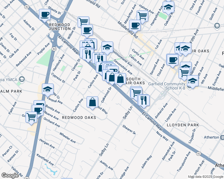 map of restaurants, bars, coffee shops, grocery stores, and more near 2800 El Camino Real in Redwood City