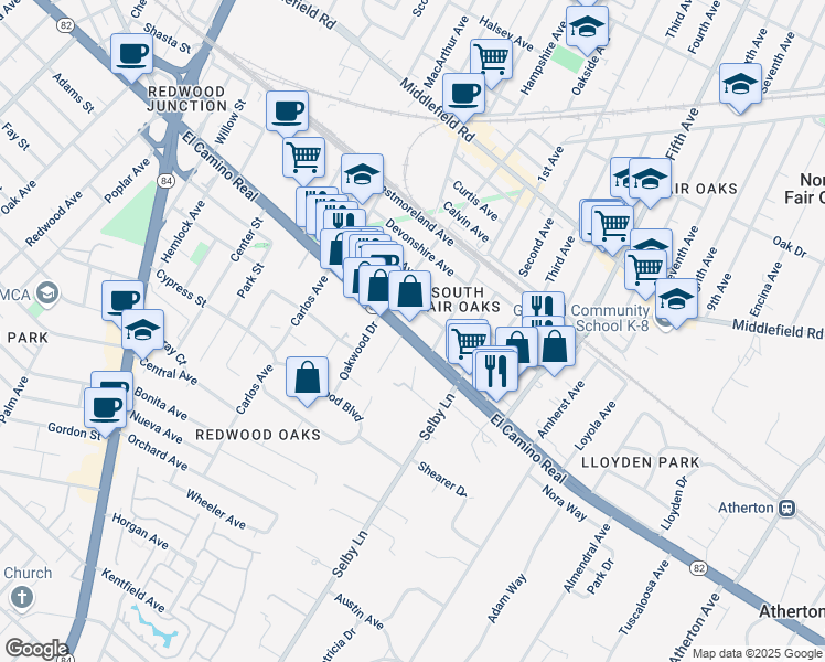 map of restaurants, bars, coffee shops, grocery stores, and more near 2857 California 82 in Redwood City