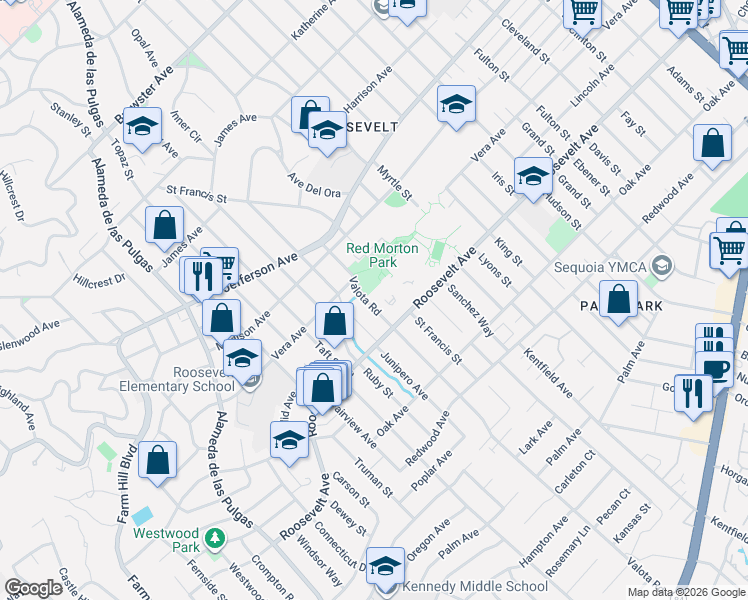 map of restaurants, bars, coffee shops, grocery stores, and more near 991 Valota Road in Redwood City