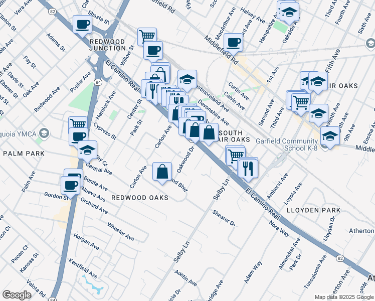 map of restaurants, bars, coffee shops, grocery stores, and more near 46 Oakwood Drive in Redwood City