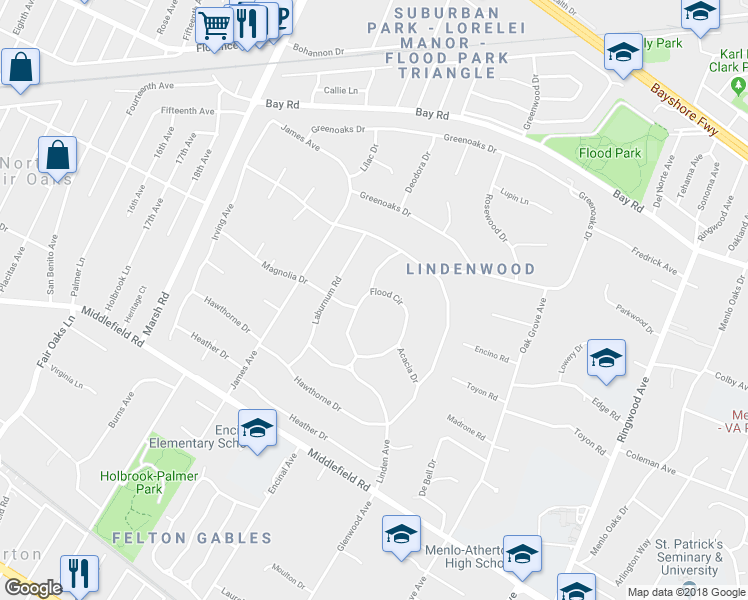 map of restaurants, bars, coffee shops, grocery stores, and more near 69 Flood Circle in Atherton